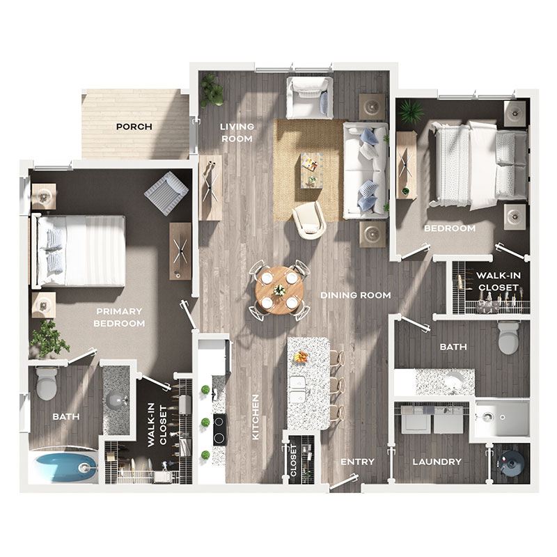 Floor plan for 2 beds, 2 baths, 1070 sqft